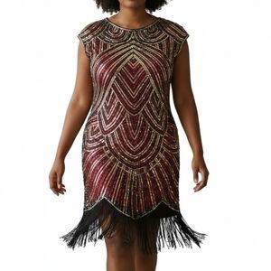 Fundaisy Dress Plus Size 3XL Red Black Mesh Gold Sequins Fringe Gatsby Flapper